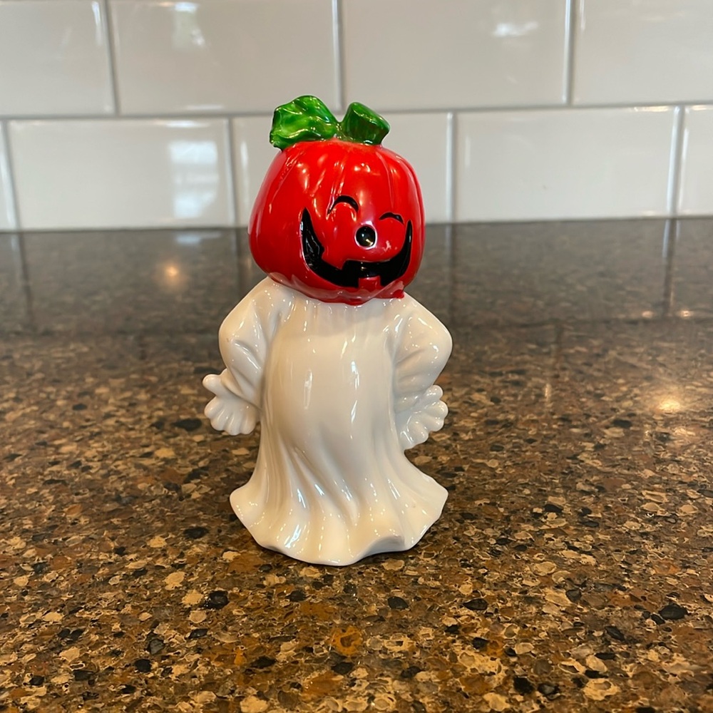 Vintage 1970’s Halloween Ceramic Pumpkin Head Anthropomorphism Ghost Figurine